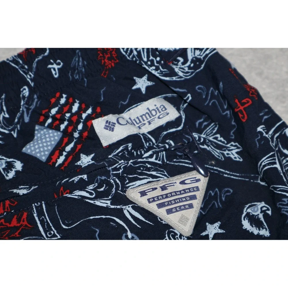 Columbia PFG Lined Swim Trunks Mens XL Navy Blue Fishing American Flag Print